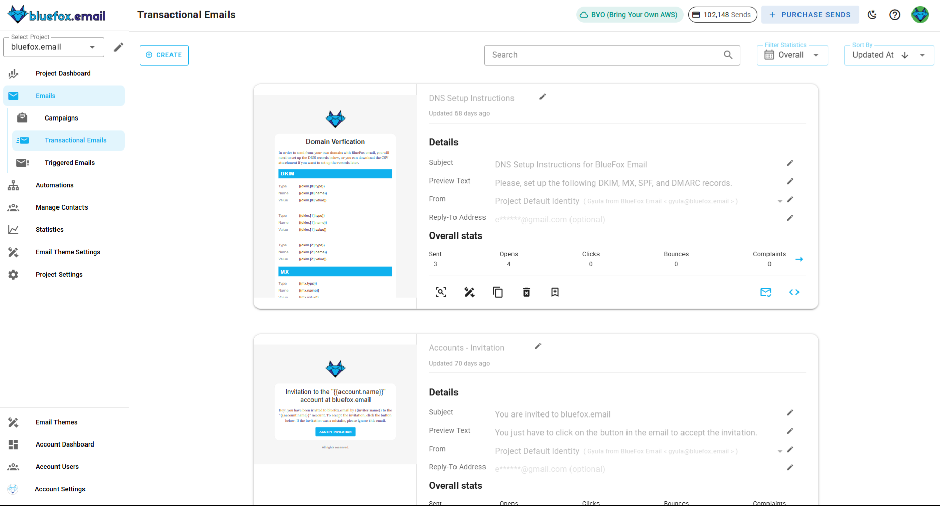 A screenshot of a project's transactional emails.