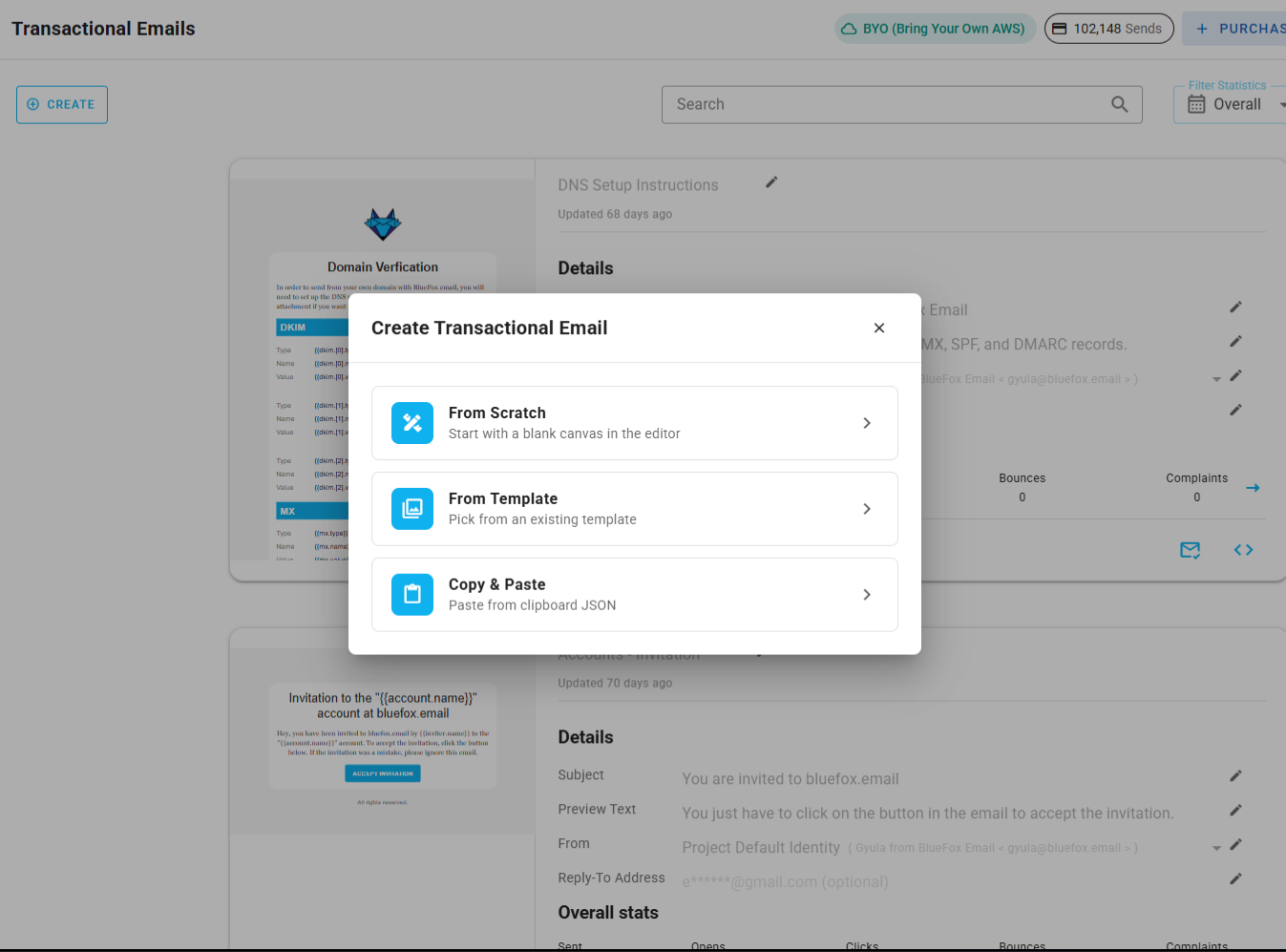 A screenshot of a project's transactional emails - Copy and Past or Create from Scratch options.