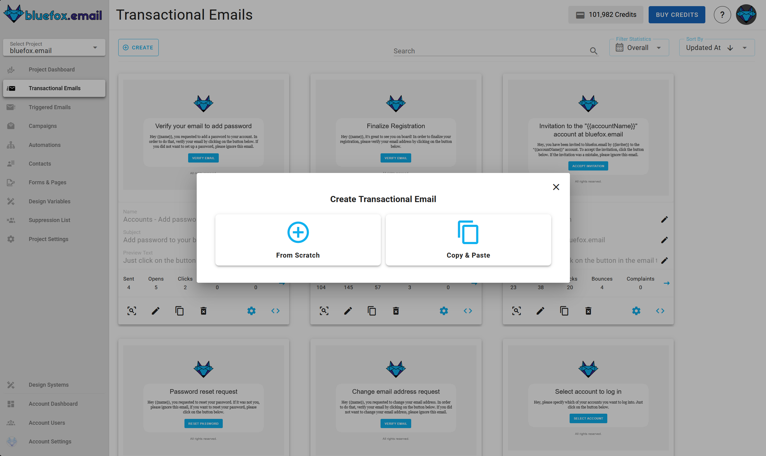 A screenshot of a project's transactional emails - Copy and Past or Create from Scratch options.