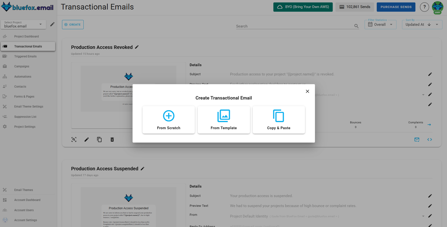 A screenshot of a project's transactional emails - Copy and Past or Create from Scratch options.