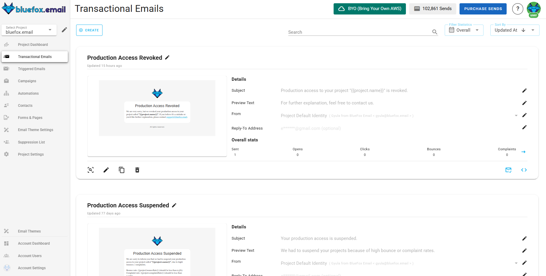 A screenshot of a project's transactional emails.