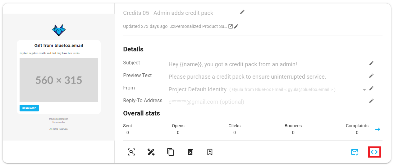 A screenshot of a triggered email card, with the code button highlighted.