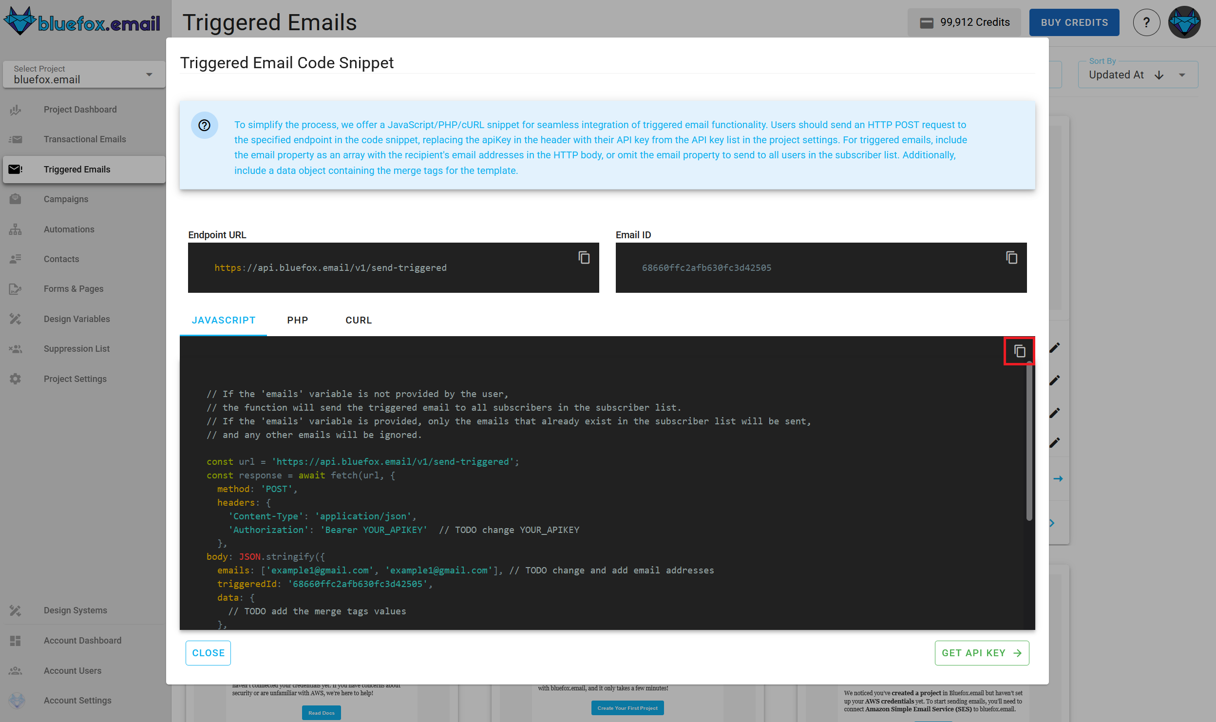 A screenshot of a triggered email's generated code, copy button highlighted.