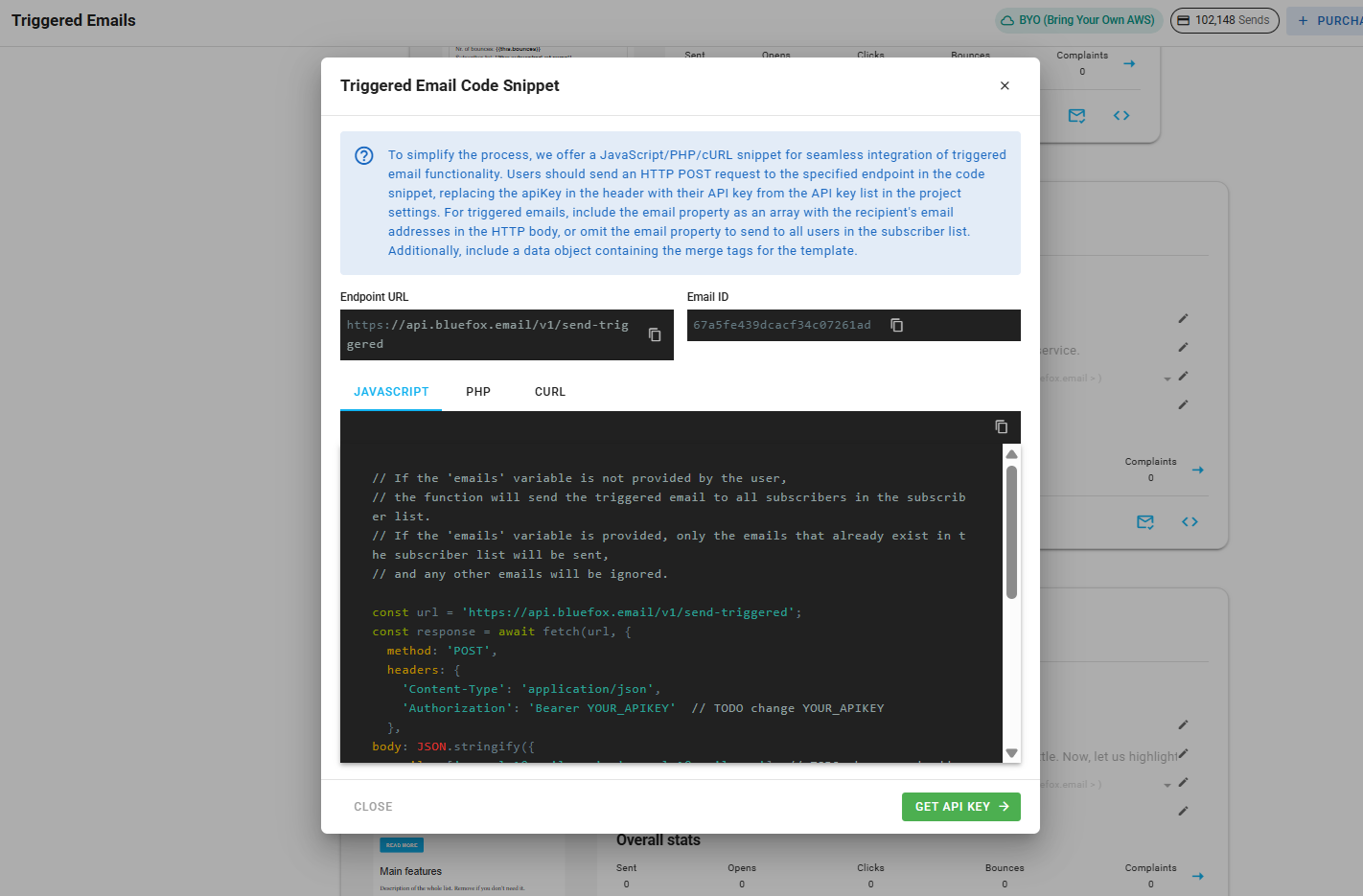 A screenshot of a triggered email's generated code, copy button highlighted.