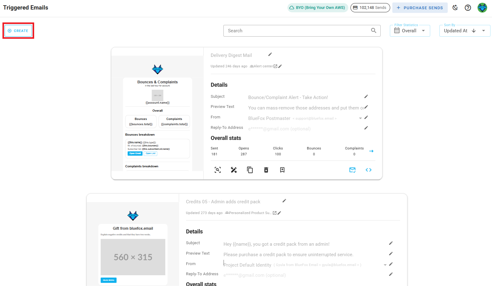 A screenshot of a project's triggered emails - new button highlighted.