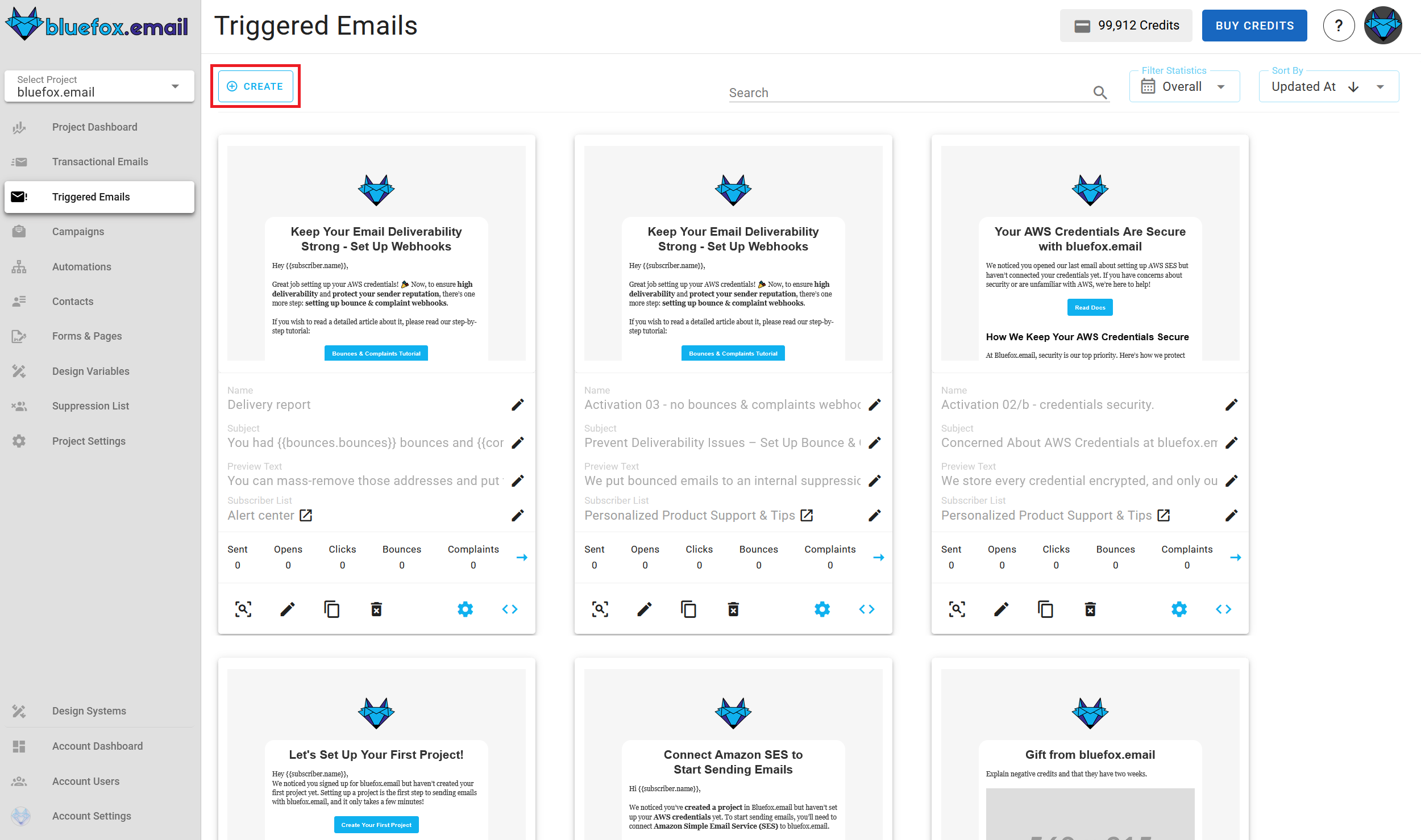 A screenshot of a project's triggered emails - new button highlighted.