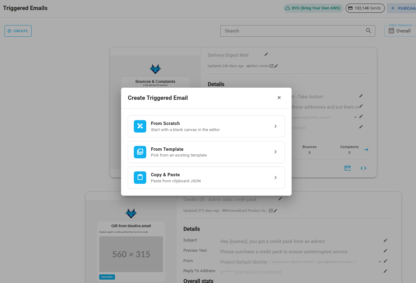 A screenshot of a project's triggered emails - Copy and Past or Create from Scratch options .
