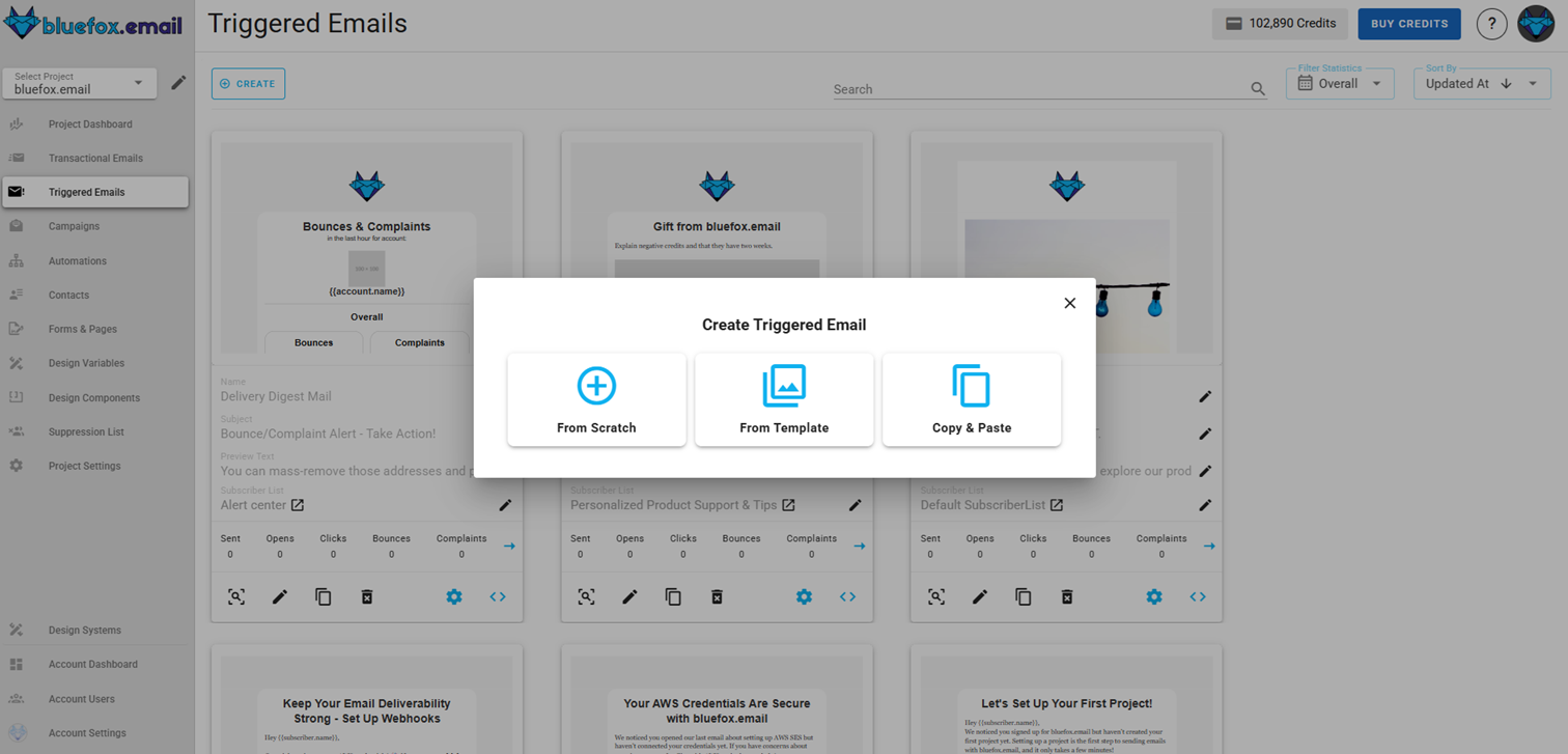 A screenshot of a project's triggered emails - Copy and Past or Create from Scratch options .