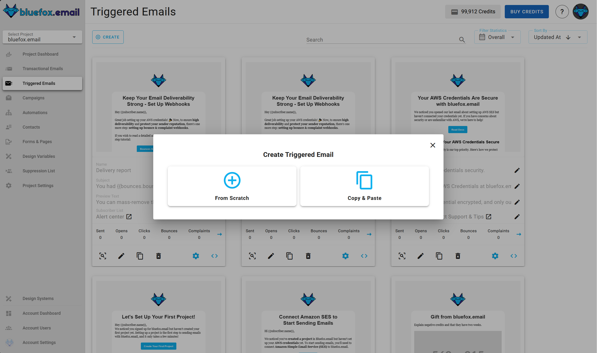 A screenshot of a project's triggered emails - Copy and Past or Create from Scratch options .