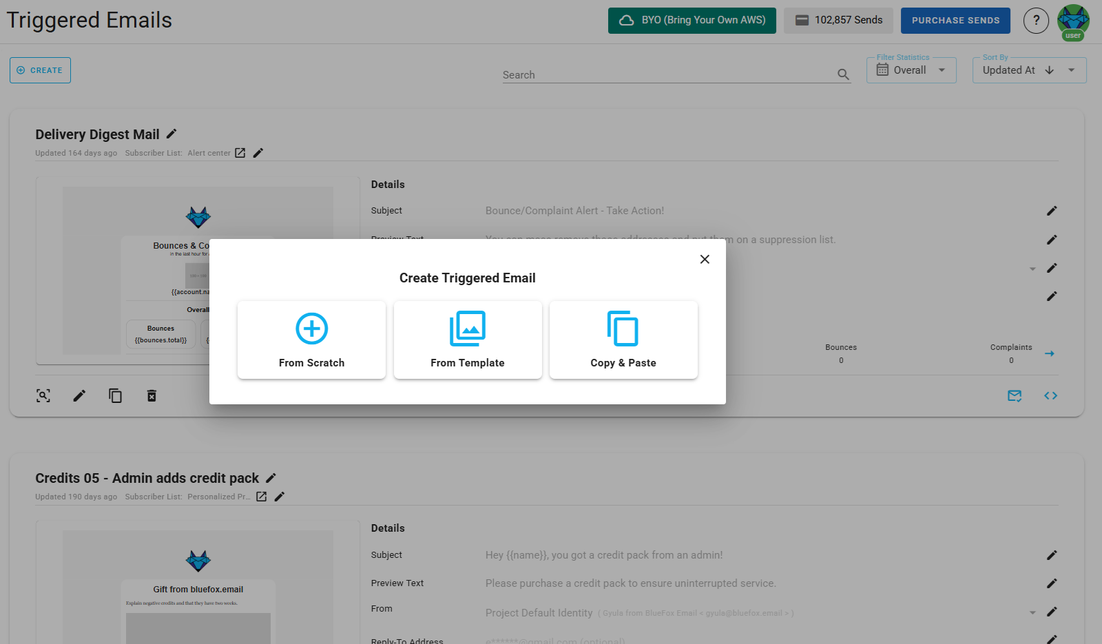 A screenshot of a project's triggered emails - Copy and Past or Create from Scratch options .