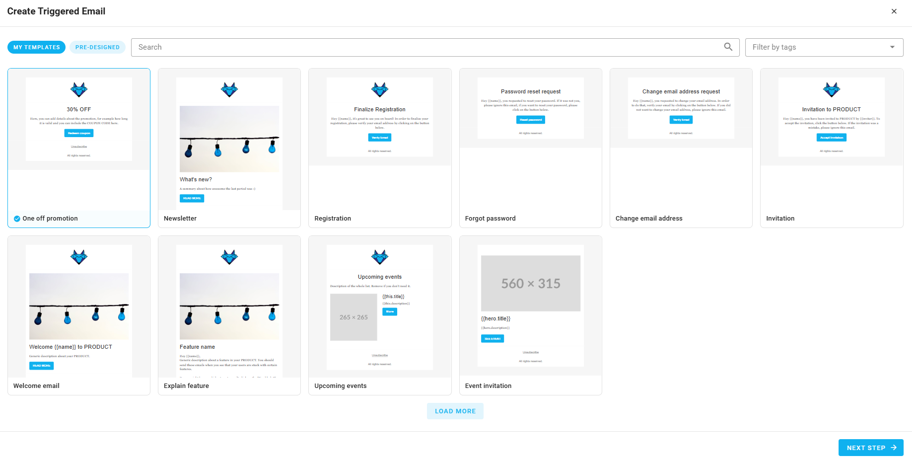 A screenshot of a project's triggered emails - create: template category selection.
