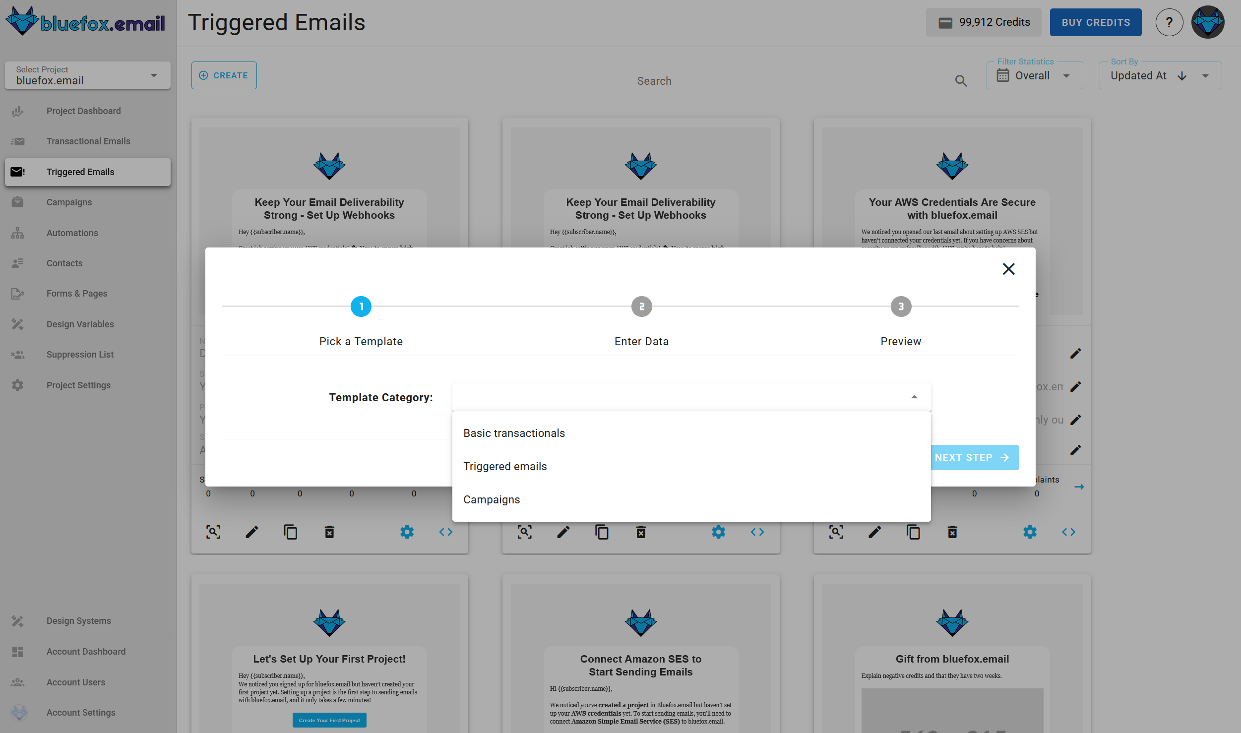 A screenshot of a project's triggered emails - create: template category selection.