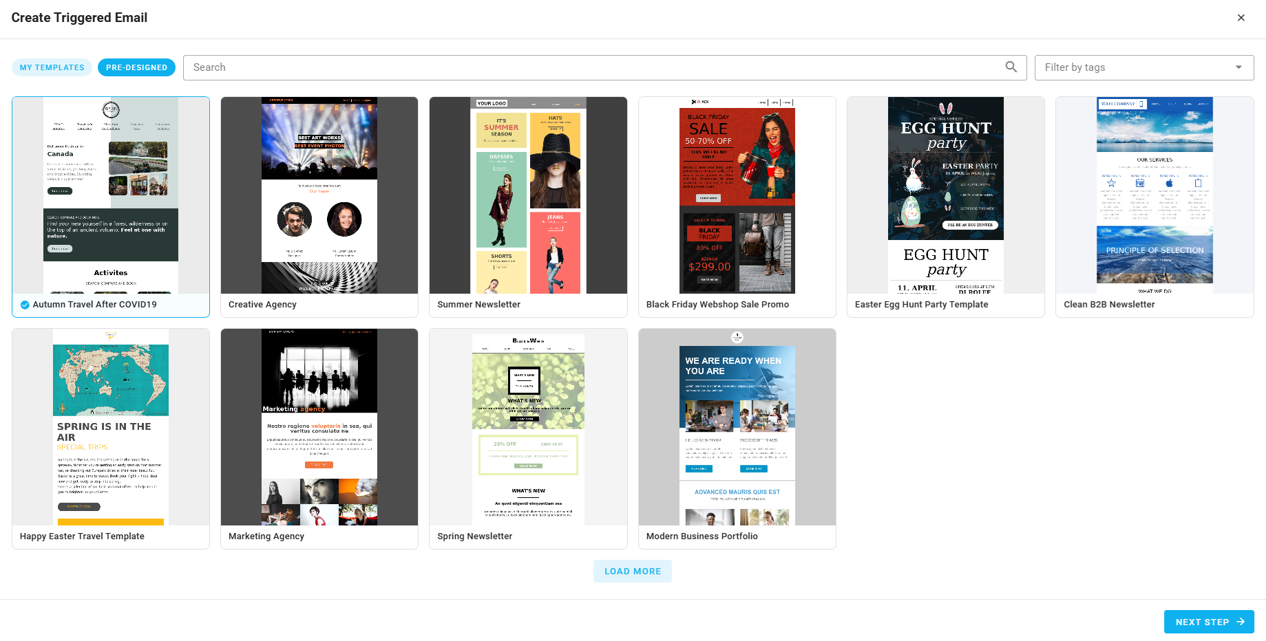 A screenshot of a project's triggered emails - create: template selection.