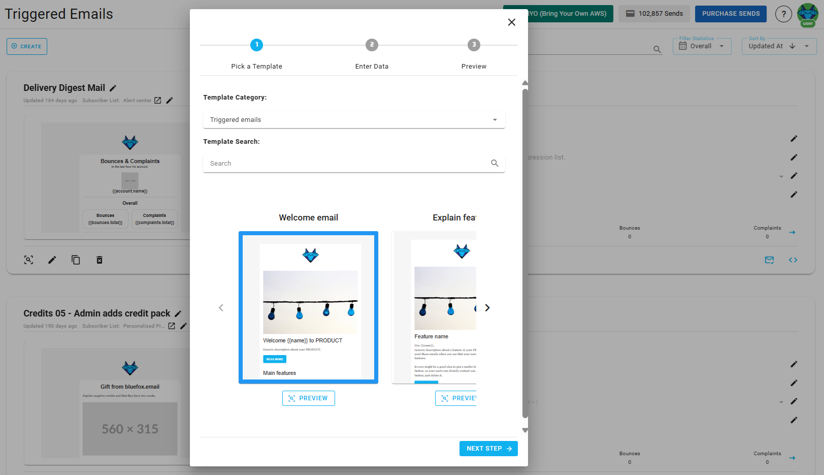 A screenshot of a project's triggered emails - create: template selection.