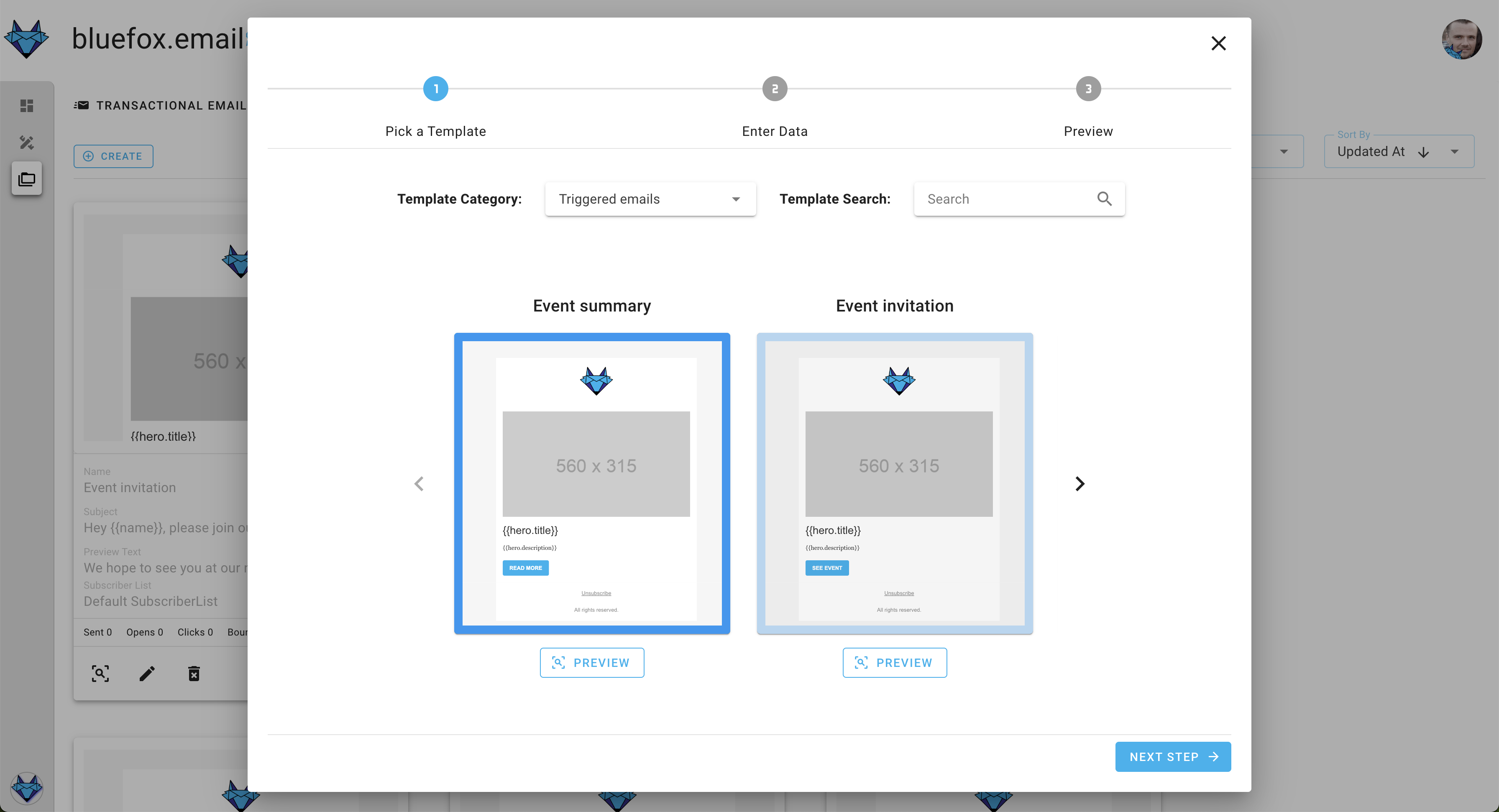 A screenshot of a project's triggered emails - create: template selection.