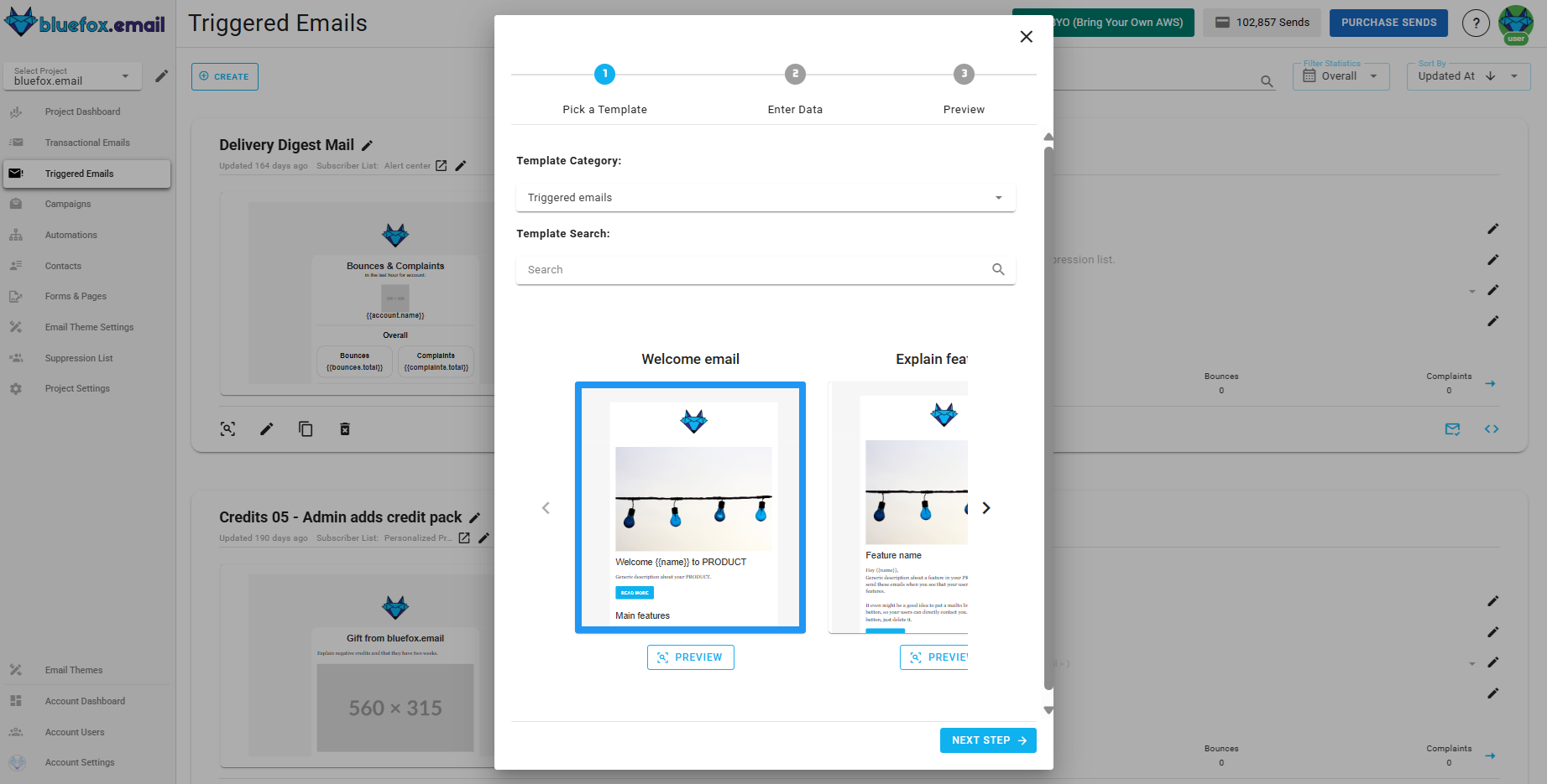 A screenshot of a project's triggered emails - create: template selection.
