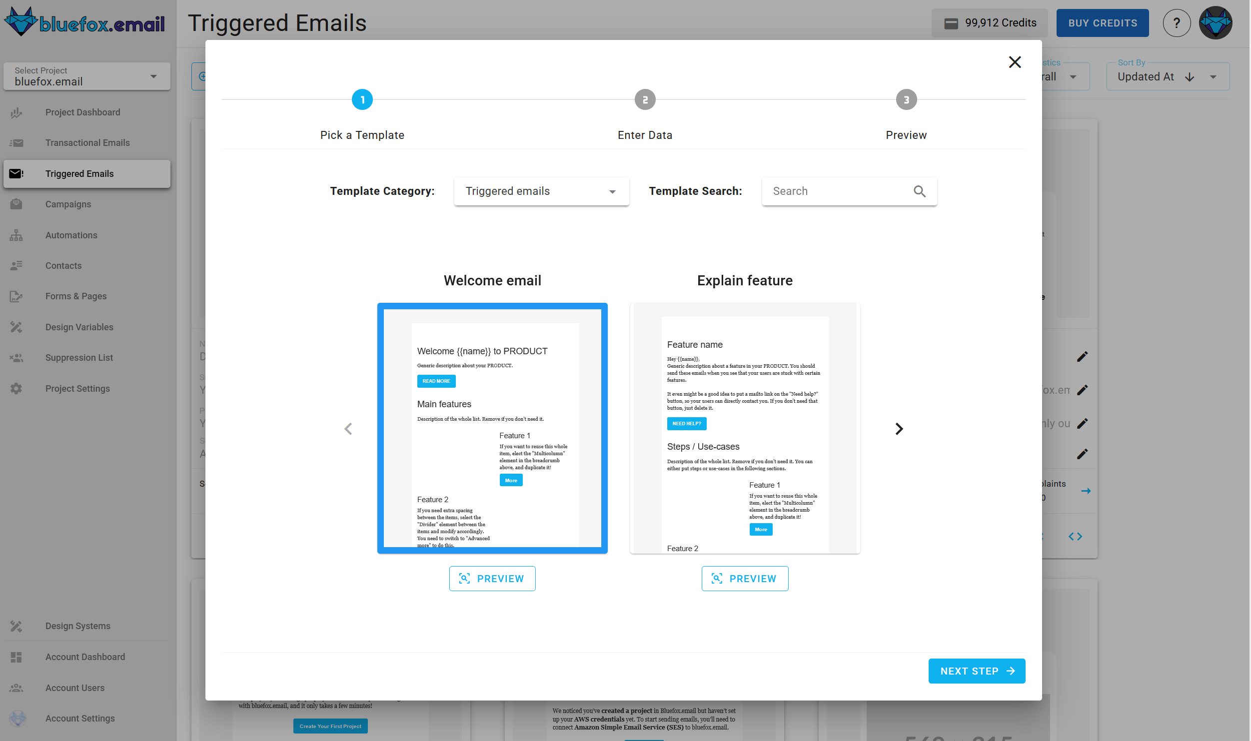 A screenshot of a project's triggered emails - create: template selection.