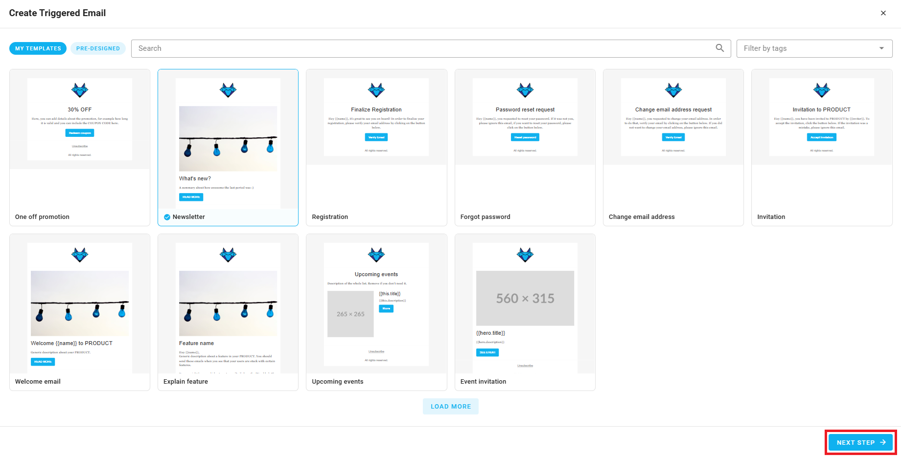 A screenshot of a project's triggered emails - create: template selection.