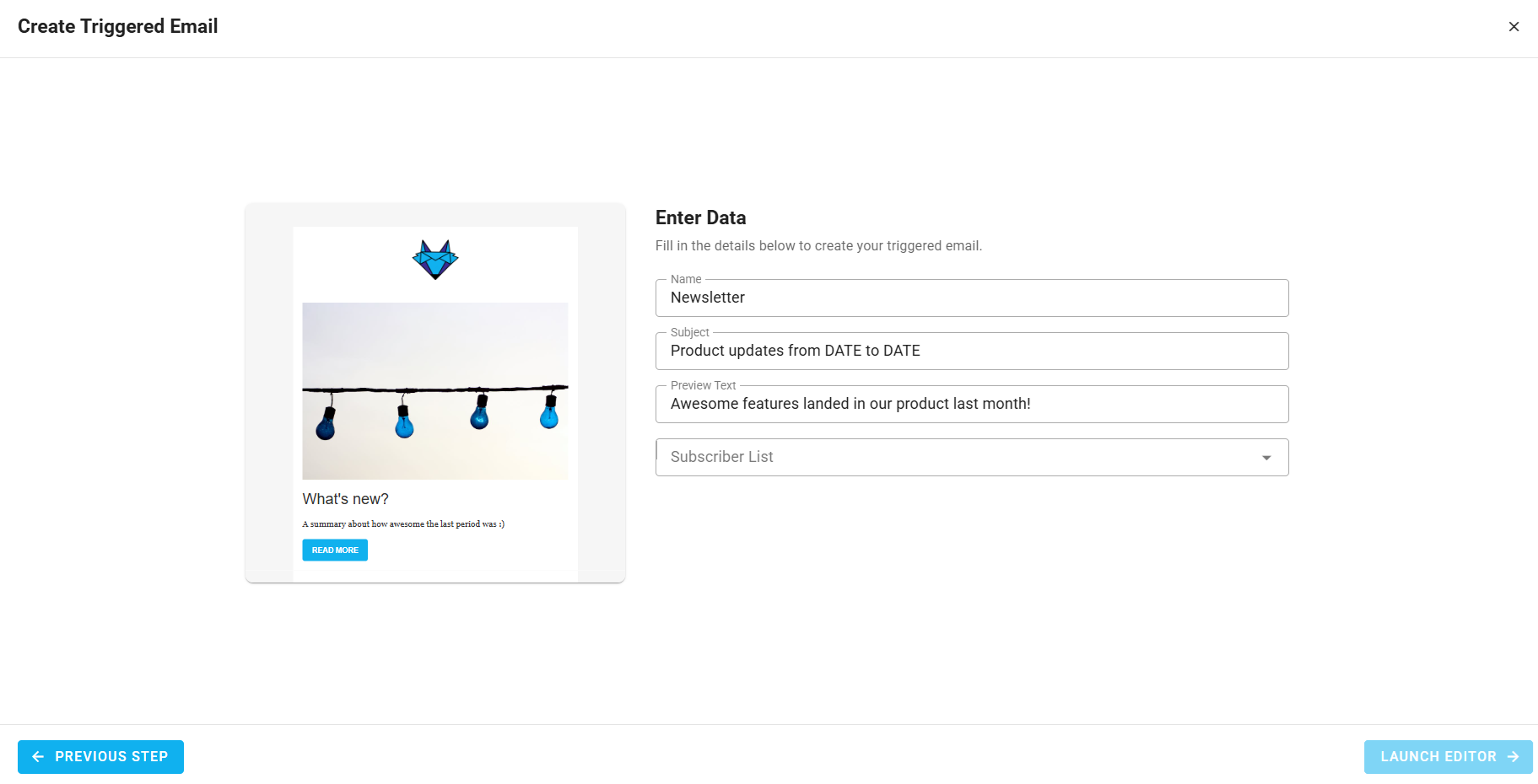 A screenshot of a project's triggered emails - create: enter data.