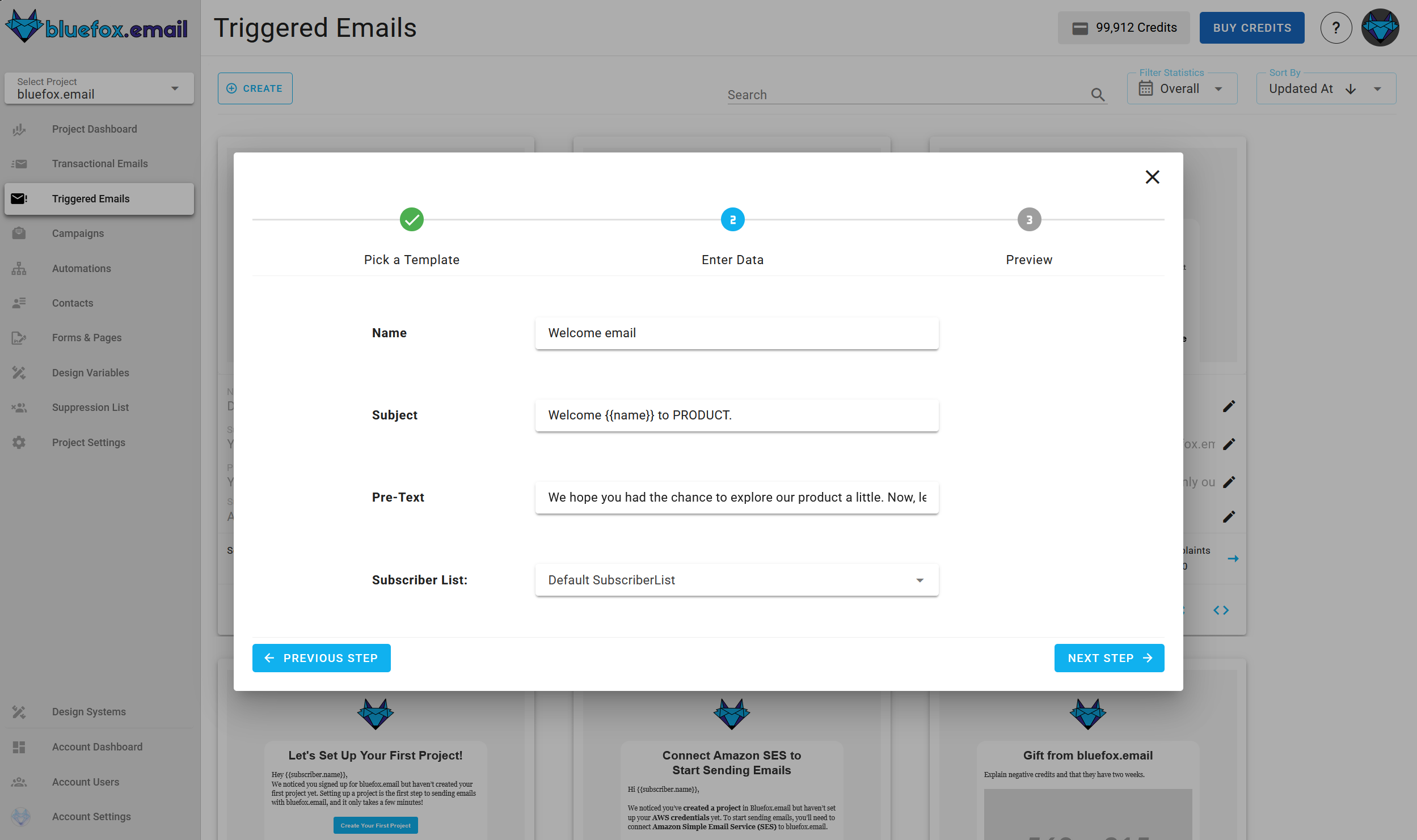 A screenshot of a project's triggered emails - create: enter data.