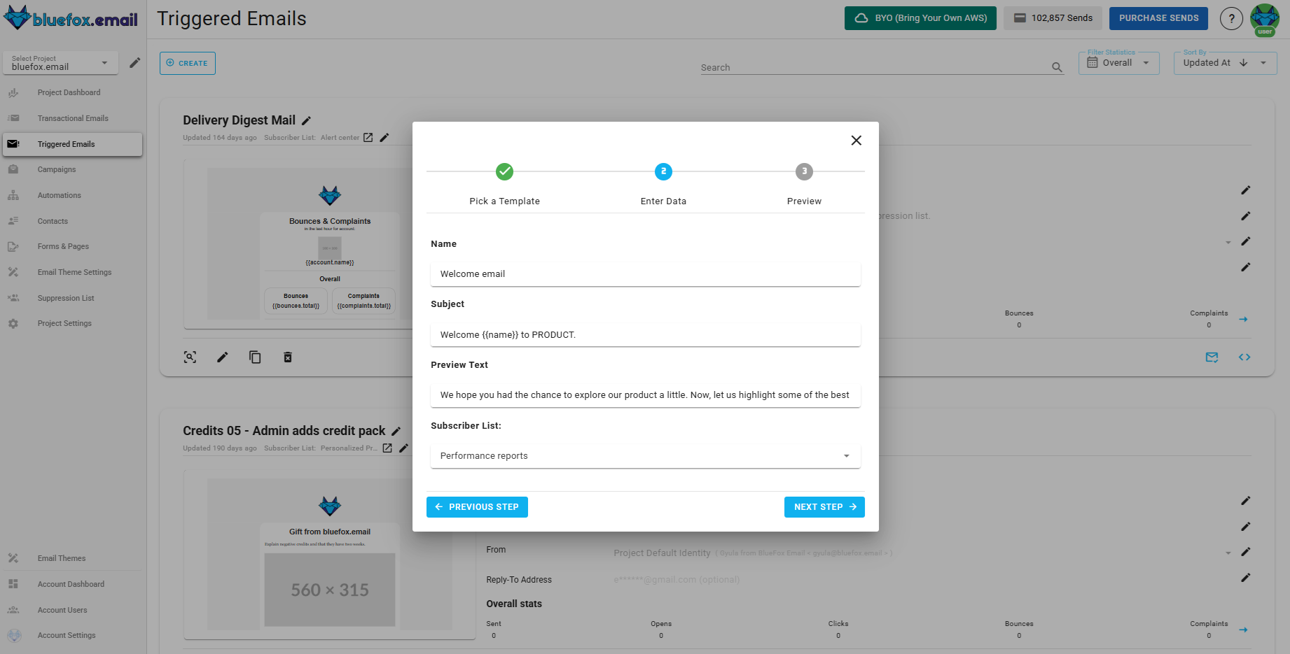 A screenshot of a project's triggered emails - create: enter data.
