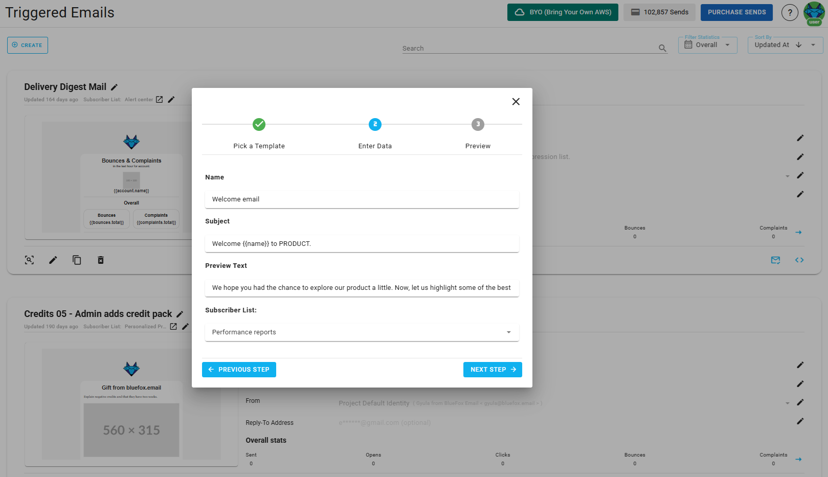 A screenshot of a project's triggered emails - create: enter data.
