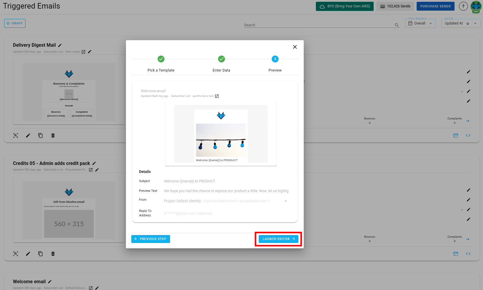 A screenshot of a project's triggered emails - create: summary.