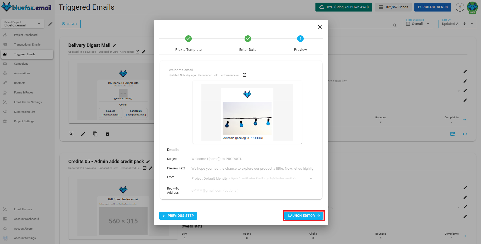 A screenshot of a project's triggered emails - create: summary.