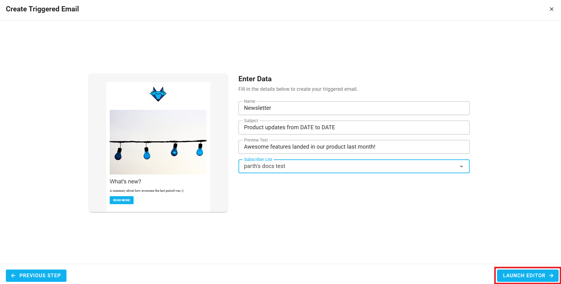 A screenshot of a project's triggered emails - create: summary.
