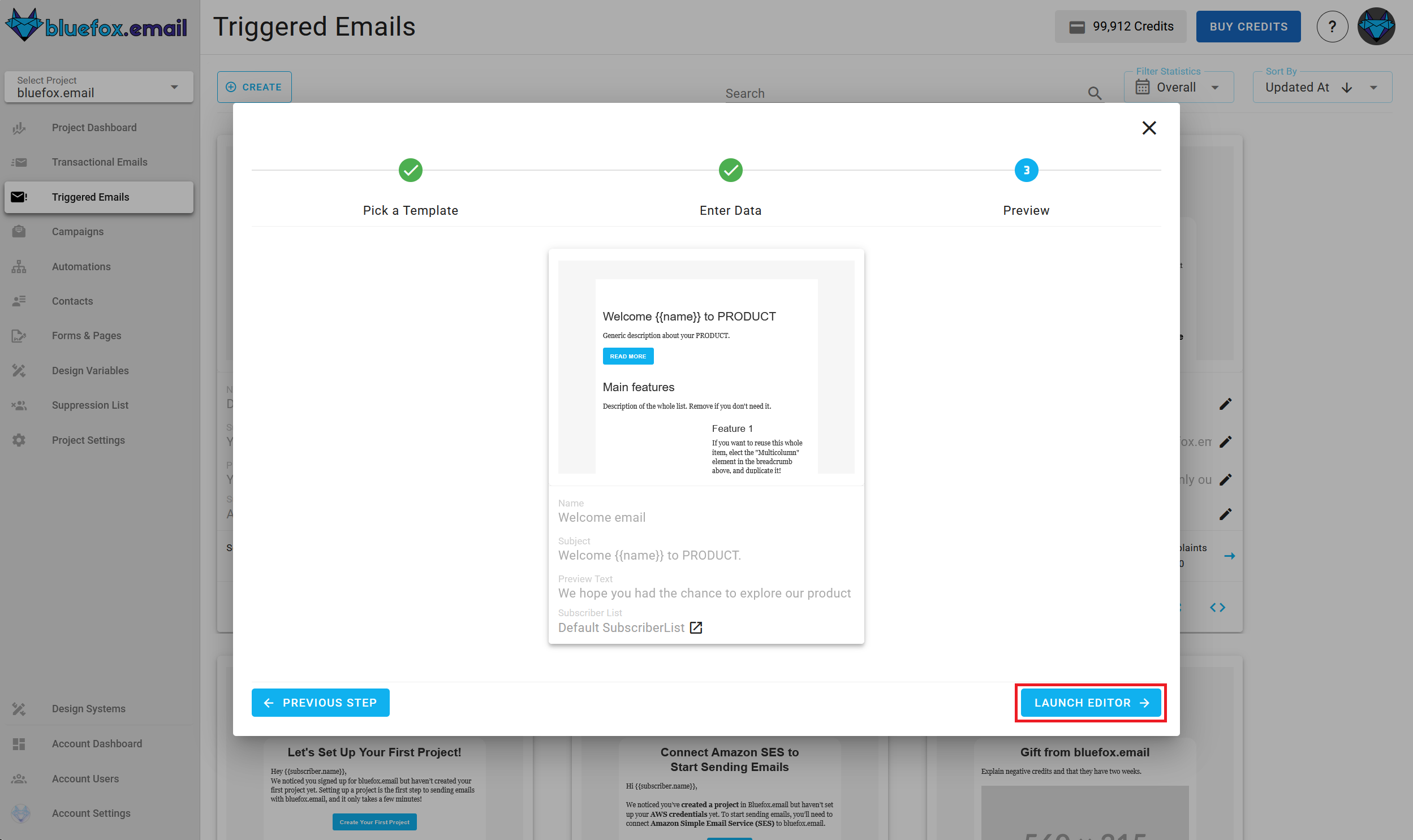 A screenshot of a project's triggered emails - create: summary.