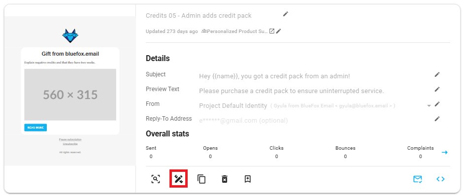 A screenshot of a triggered email card, edit button highlighted.