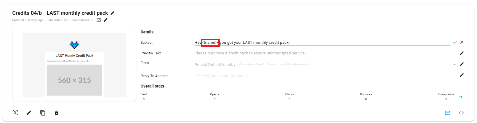 A screenshot of a triggered email, with a merge tag being used in the subject and the preview text.
