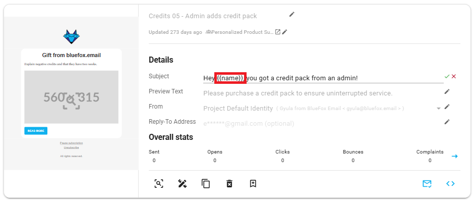 A screenshot of a triggered email, with a merge tag being used in the subject and the preview text.
