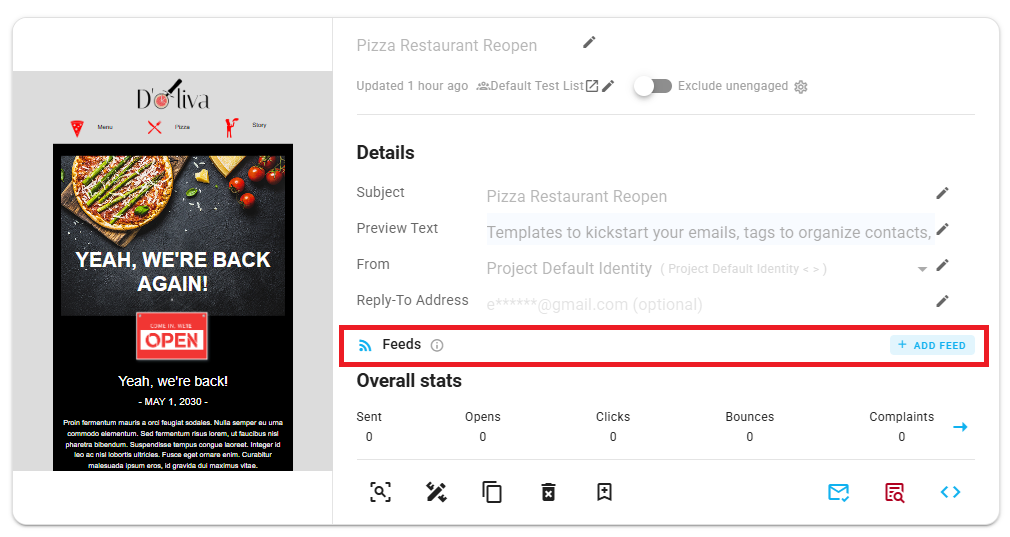 A screenshot of a triggered email card with the Feeds section and Add Feed button highlighted.