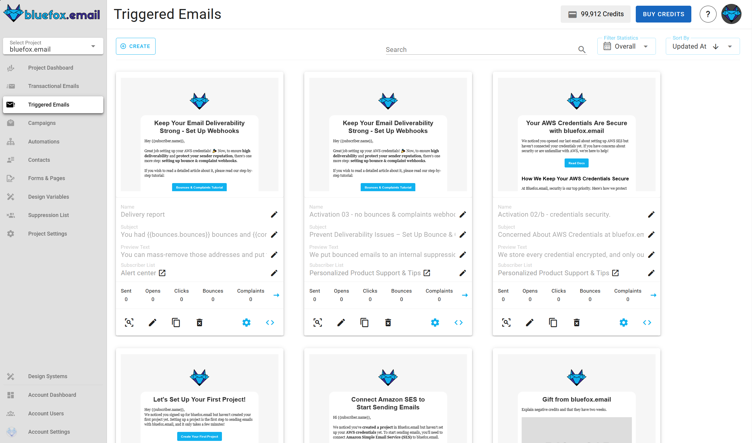 A screenshot of a project's triggered emails.