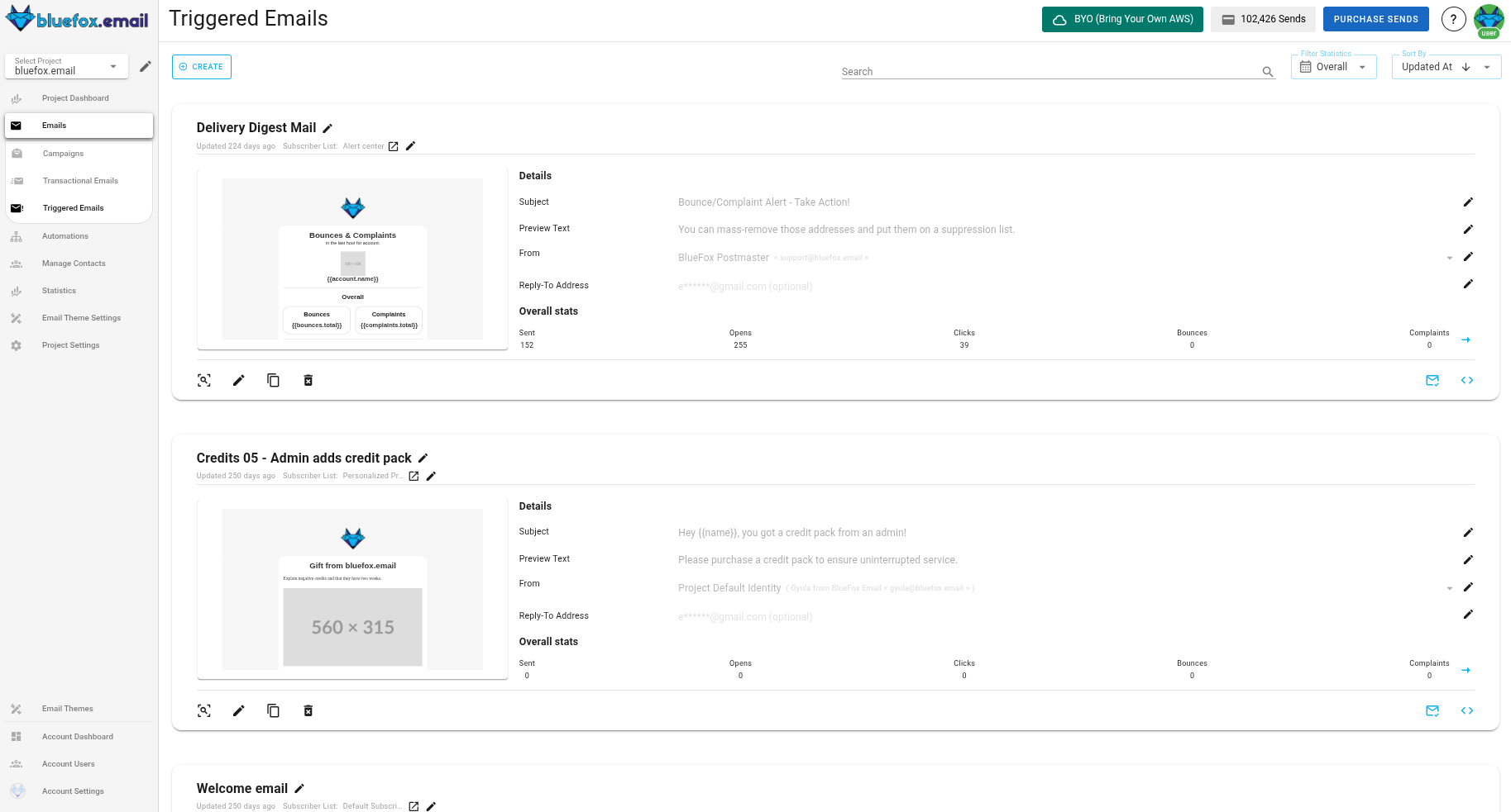 A screenshot of a project's triggered emails.