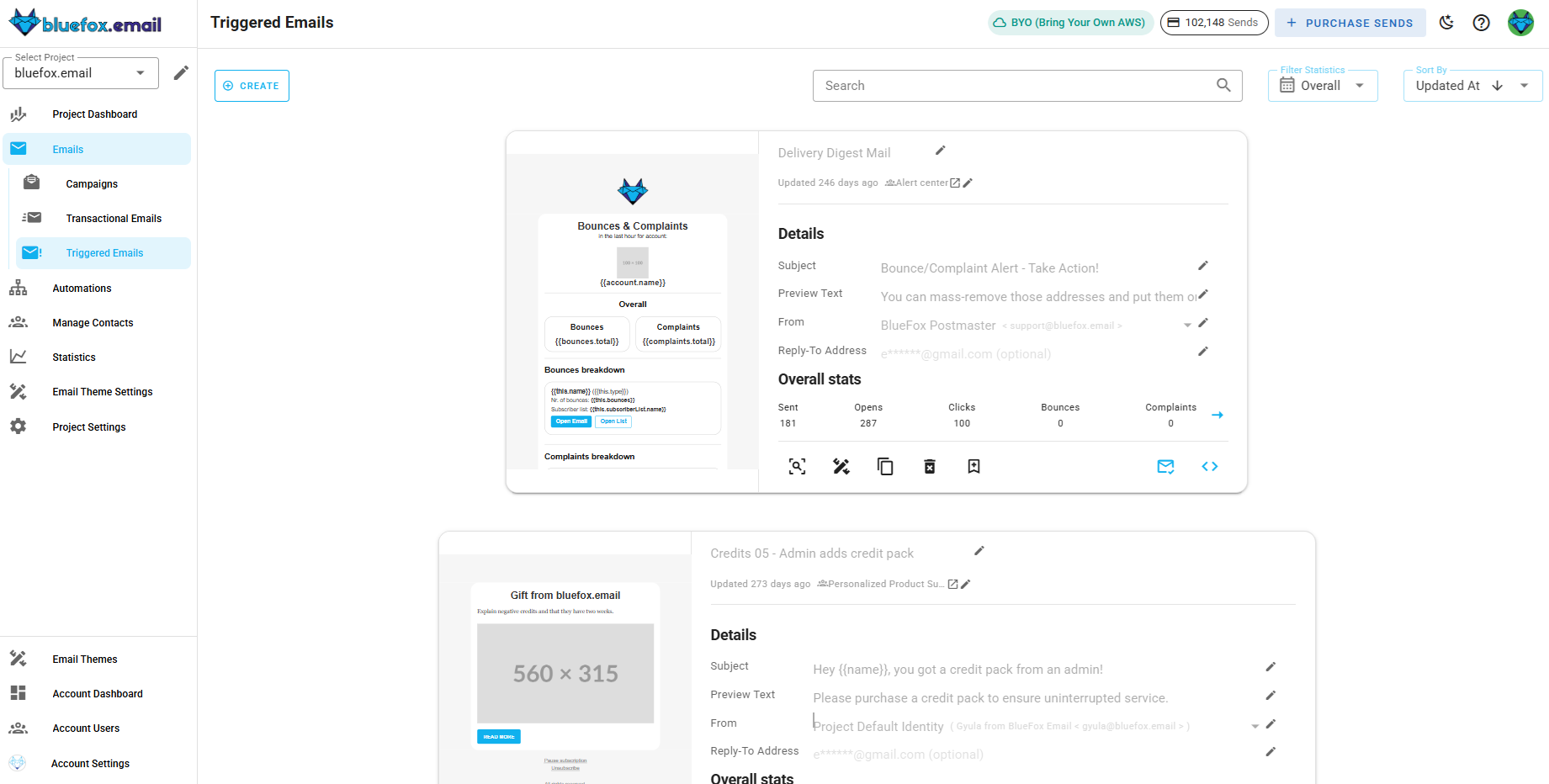 A screenshot of a project's triggered emails.