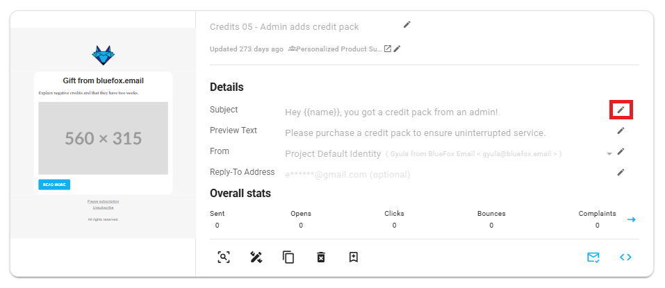 A screenshot of a triggered email card, edit button highlighted.