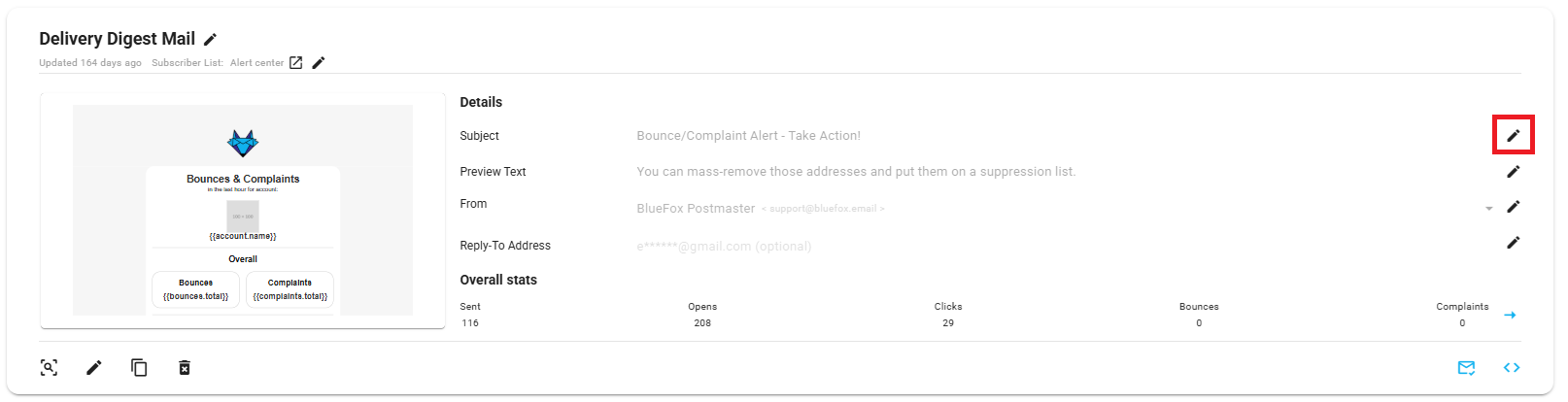 A screenshot of a triggered email card, edit button highlighted.