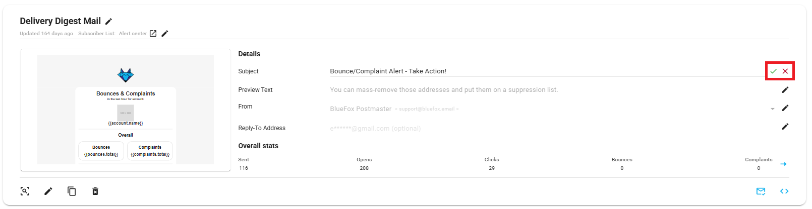 A screenshot of a triggered email being edited, save button highlighted.