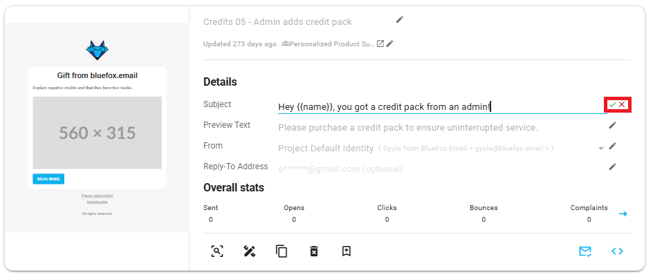 A screenshot of a triggered email being edited, save button highlighted.