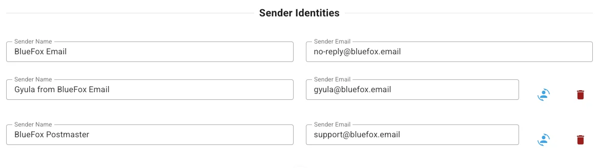 Sender Identities settings, showing multiple configured sender name and email pairs