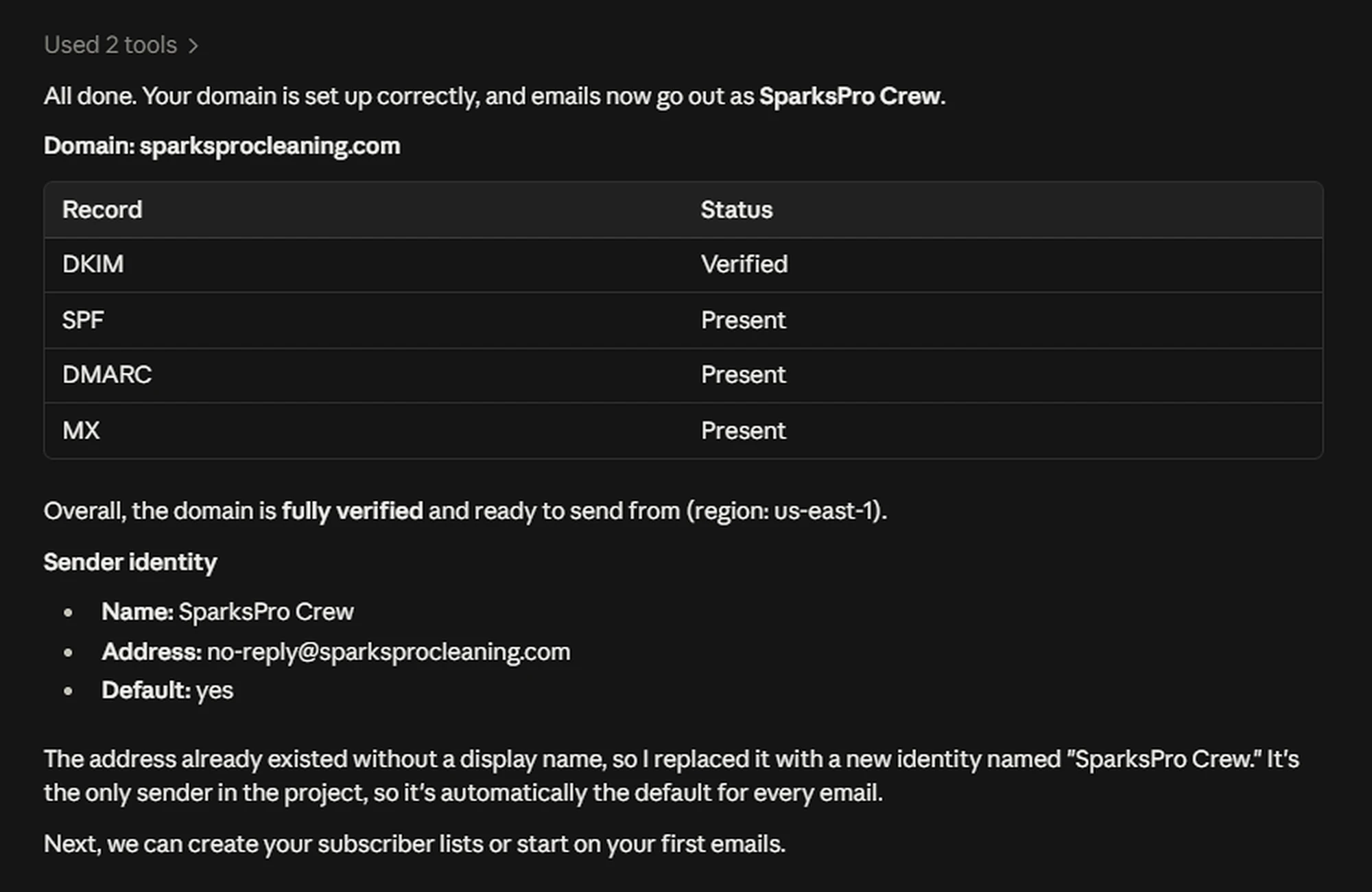 The AI agent reporting that the domain's DKIM, SPF, DMARC and MX records are in place, and that the SparksPro Crew sender identity is now the default.