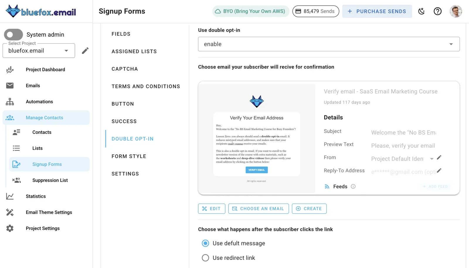 Signup Forms settings in BlueFox, showing double opt-in enabled with a confirmation email selected