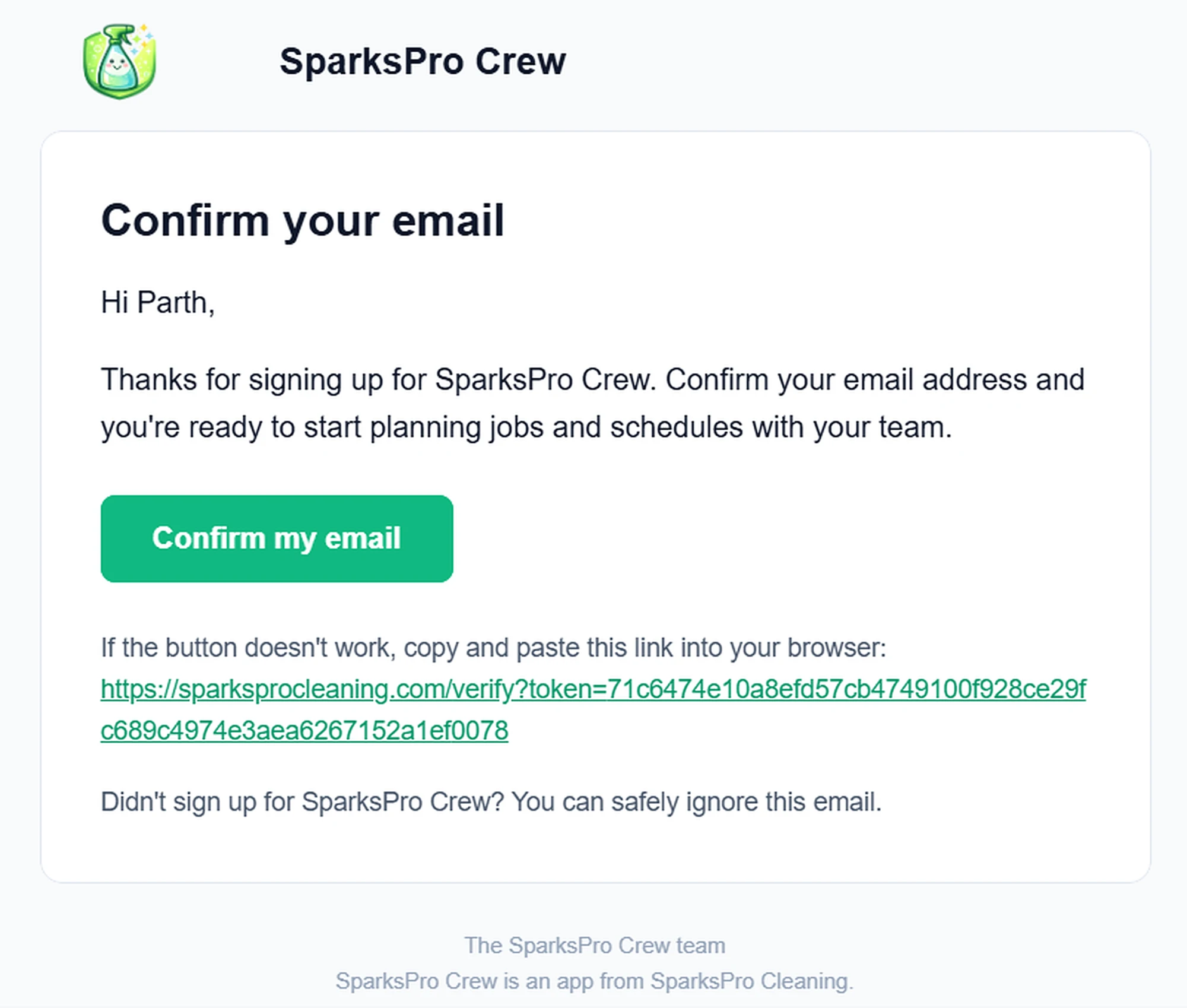 The signup verification email sent from the Node.js script, with a long random token in the verification link.