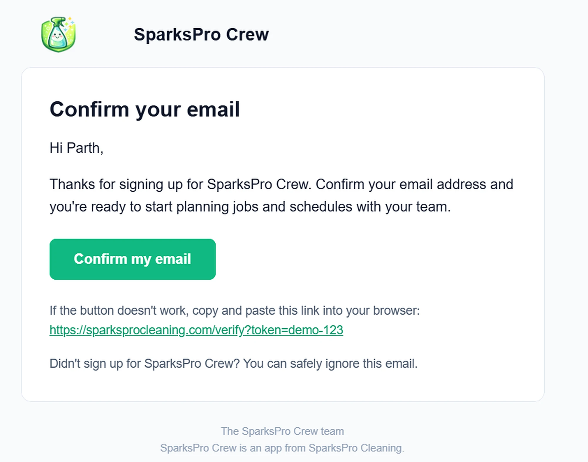 The signup verification email in an inbox, greeting "Hi Parth," with a green "Confirm my email" button and a backup link.