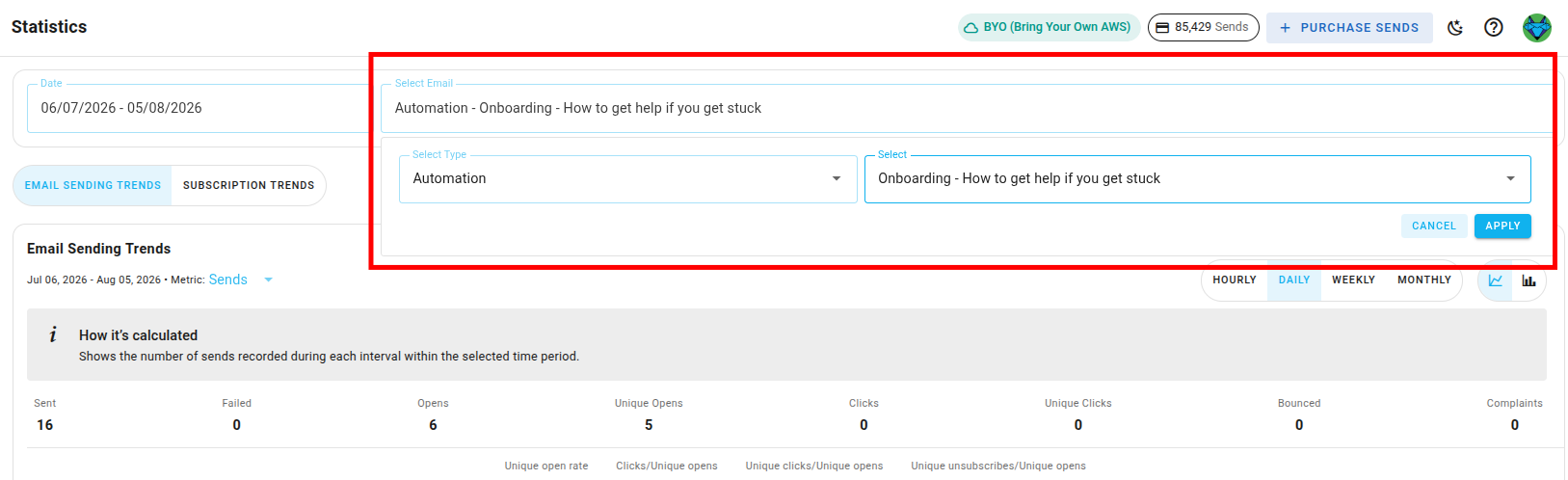 Select Email dropdown set to Automation