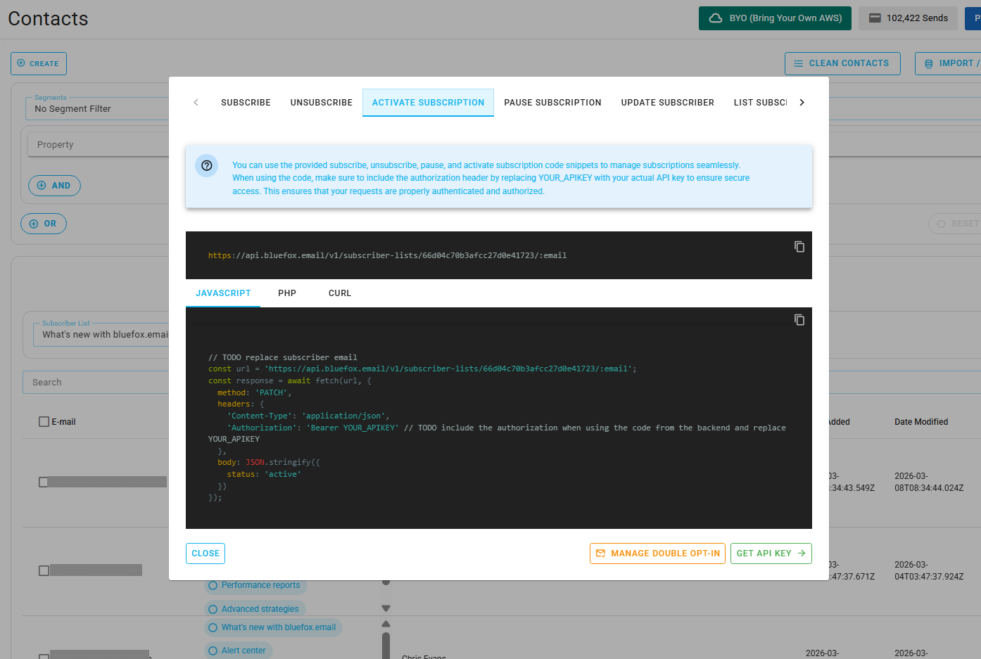 Screenshot of the code guide dialog in a subscriber list.