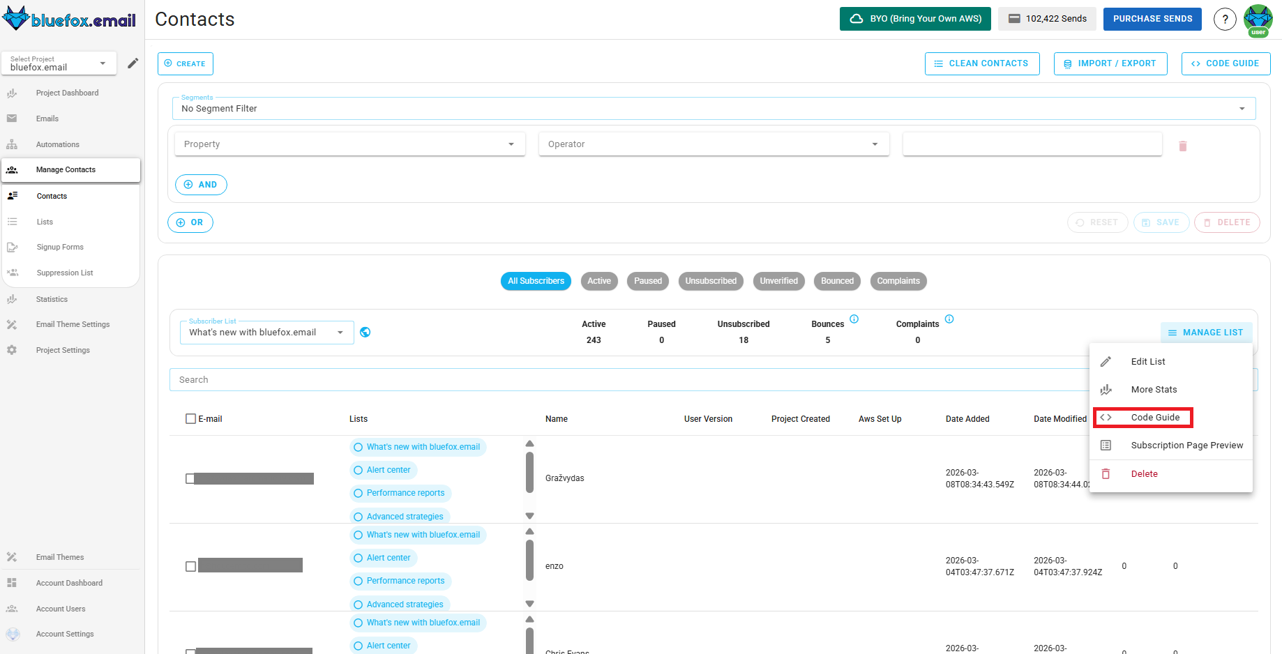 Screenshot of the highlighted code guide button in a subscriber list.