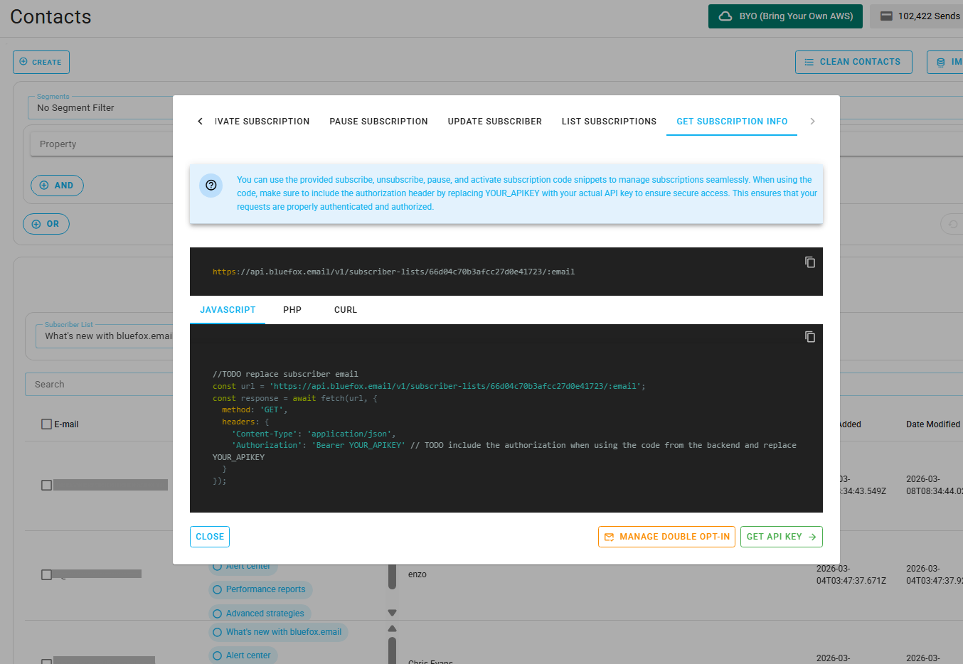 Screenshot of the code guide dialog in a subscriber list.